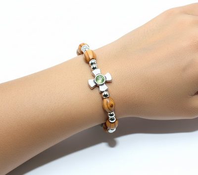 Olive Wood Oval 9*6 mm Beads Bracelet with Peridot Birthstone