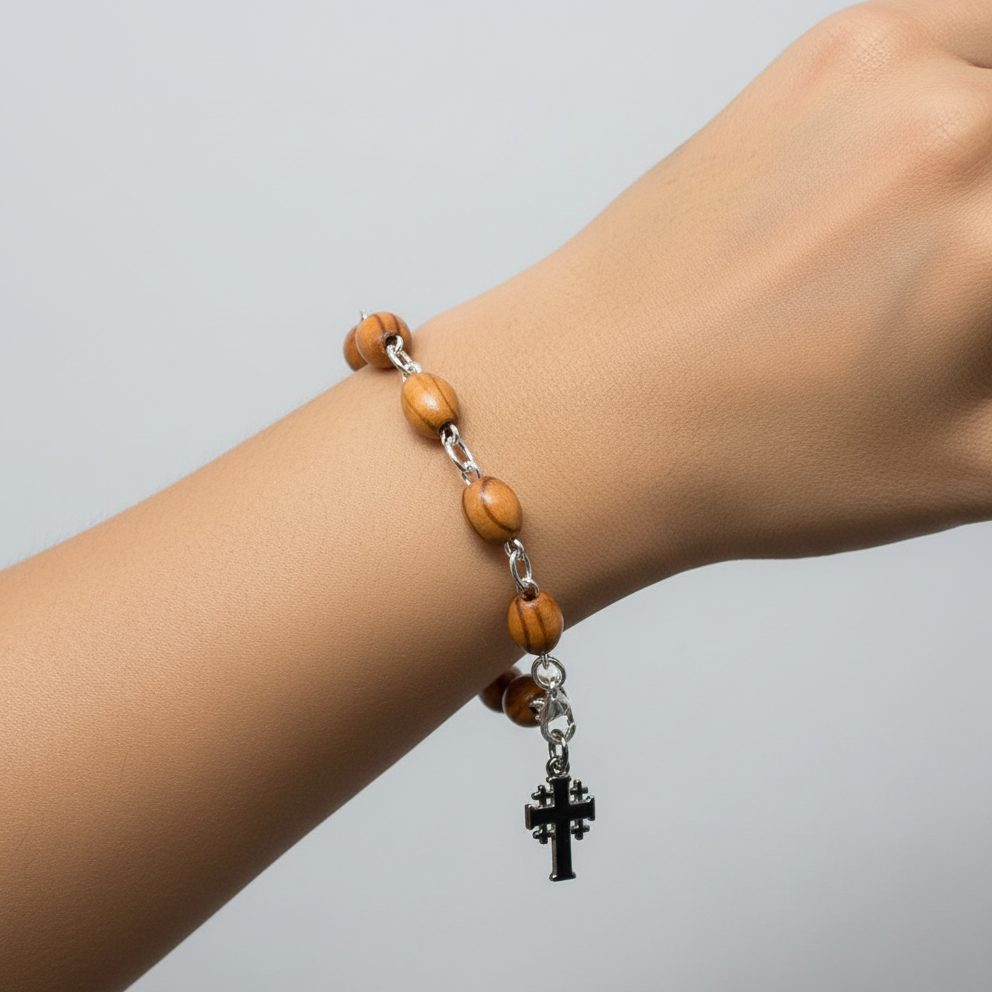 Olive wood rosary hand made in Bethlehem Holy Land, front view of the olive wood masterpiece
