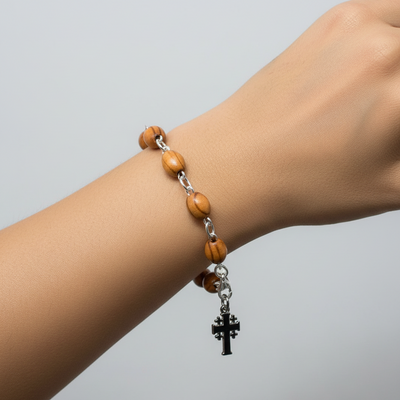 Bracelet with Jerusalem Cross Pendant, Wooden 8*6 mm Rosary