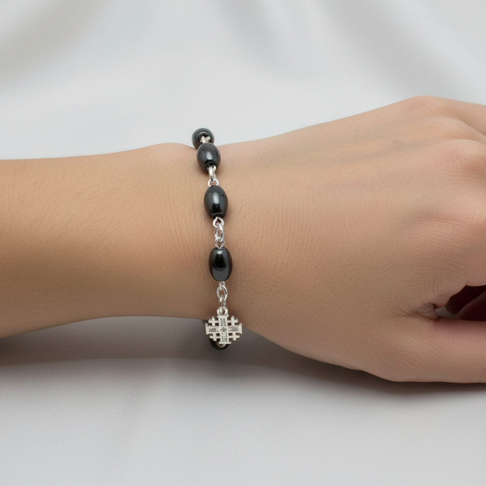 Hematite Bracelet Rosary with a Jerusalem Cross Pendant