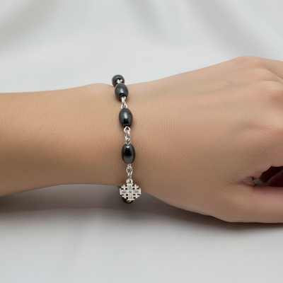 Hematite Bracelet Rosary with a Jerusalem Cross Pendant