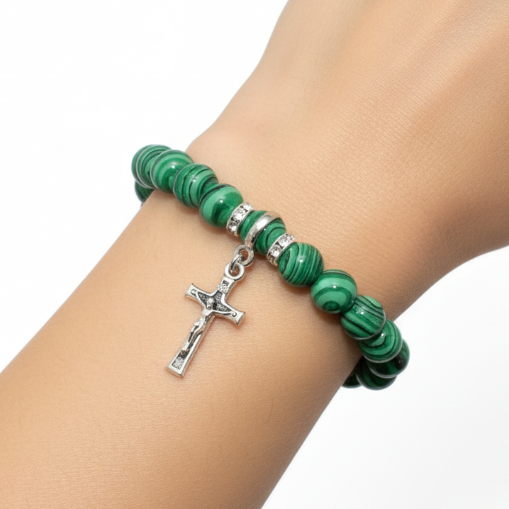 Christian Prayer Bracelet with a Crucifix, 8mm Green Stone CoralBeads