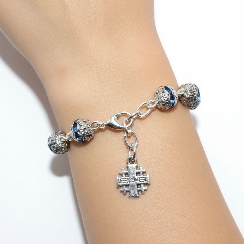 Blue Jerusalem Cross, Crystal Prayer Bracelet 6mm
