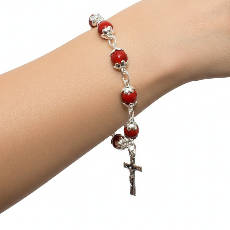 Rosary Bracelet, Coral Stone Beads 6mm