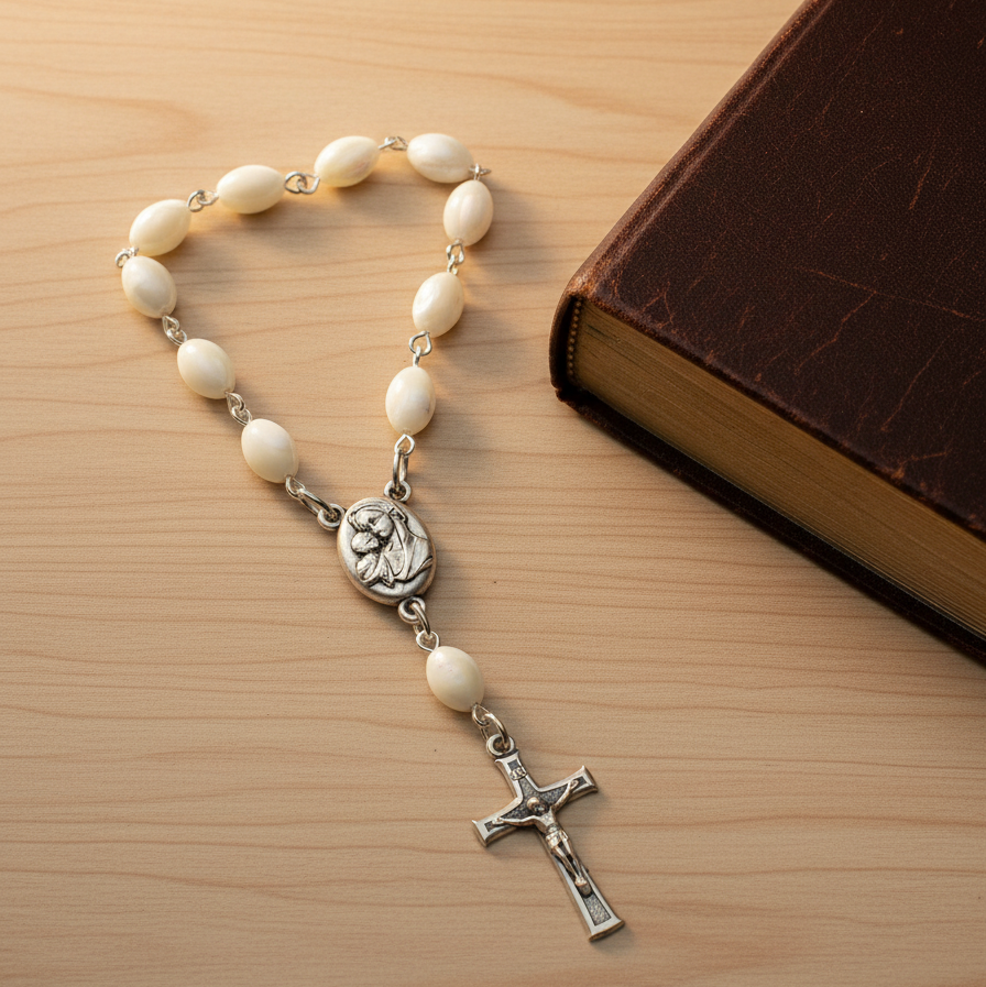 Mother of Pearl 6 x 9mm Finger Rosary with Latin Cross