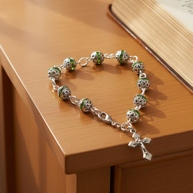 Finger Rosary, Green Crystal  6mm Beads