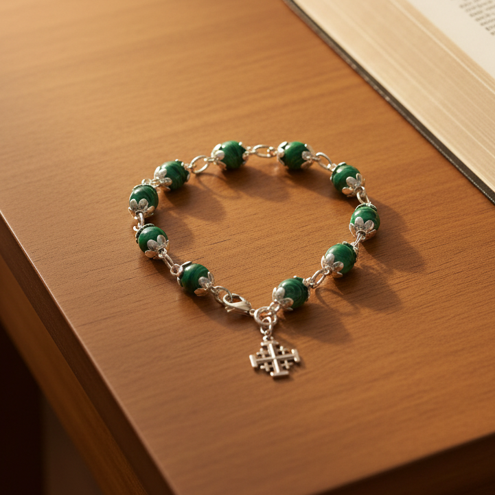 Finger rosary hand made in Bethlehem Holy Land, front view of the olive wood masterpiece