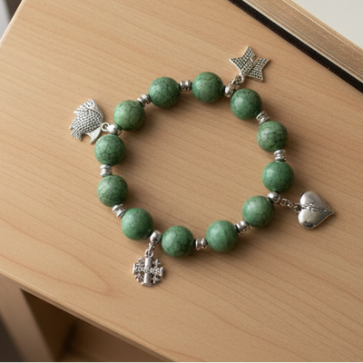 Finger Rosary, Jade Stone 10 mm Round Beads with 4 Silver Plated Pendants