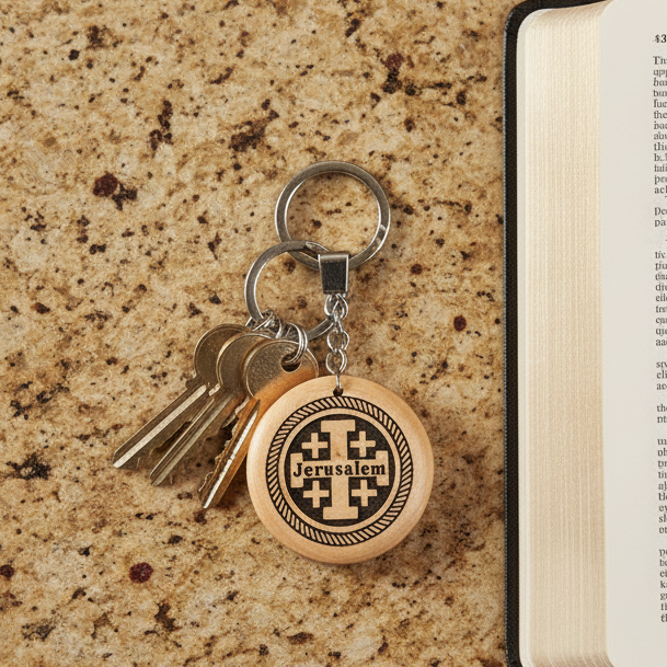 Jerusalem Cross Keychain, Olive Wood
