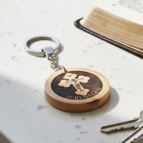 Christian Keychain with Cross, Olive Wood from Bethlehem