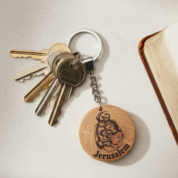 Holy Family Keychain, Olive Wood