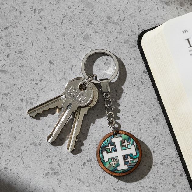 Mother of Pearl Cross, Christian Keychain, Olive Wood from Bethlehem