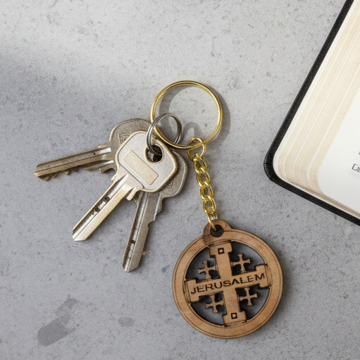 Jerusalem Cross, Christian Keychain, Olive Wood from Bethlehem