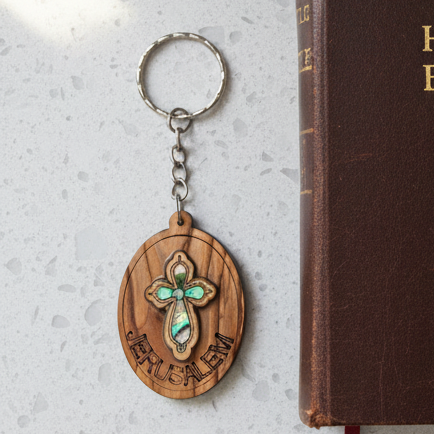 Cross Made with Mother of Pearl, Christian Keychain, Olive Wood from Bethlehem