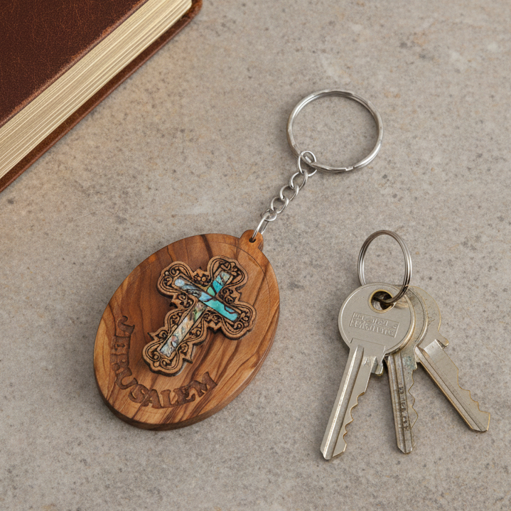 Mother of Pearl Ornate Cross Christian Keychain, Olive Wood from Bethlehem