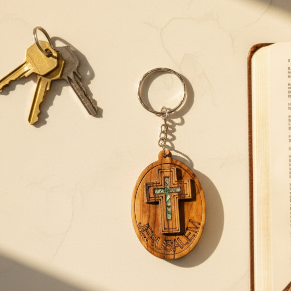 Mother of Pearl Cross Keychain (Jerusalem)