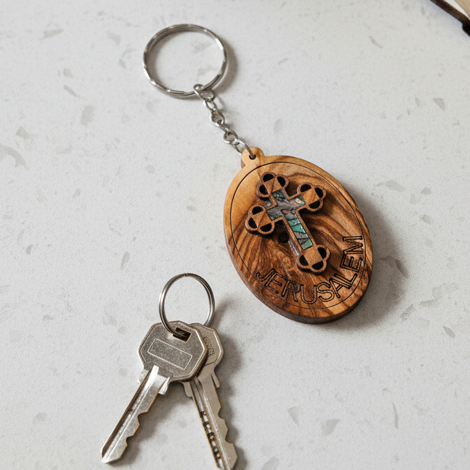 Olive wood keychain religious gift from Bethlehem, front view of the olive wood masterpiece
