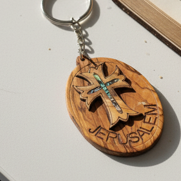 Olive Wood Cross Keychain with Mother of Pearl Inlay