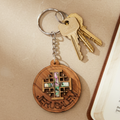 Jerusalem Cross mother of pearl religious gift from Bethlehem, front view of the olive wood masterpiece