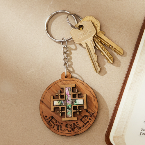 Mother of Pearl Jerusalem Cross Christian Keychain, Olive Wood