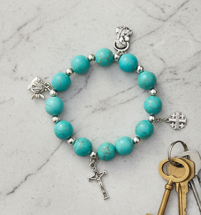 Turquoise Bracelet Rosary with 4 Silver Plated Pendants