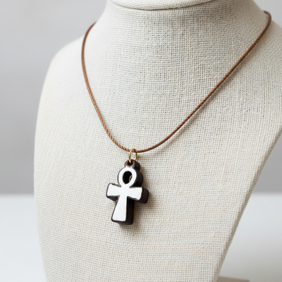 Olive Wood and White Mother of Pearl Coptic Ankh Cross Necklace