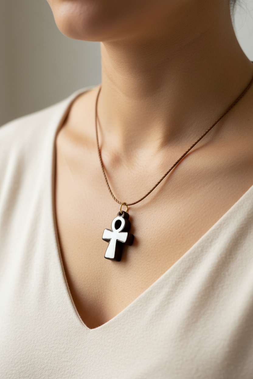 Olive Wood and White Mother of Pearl Coptic Ankh Cross Necklace