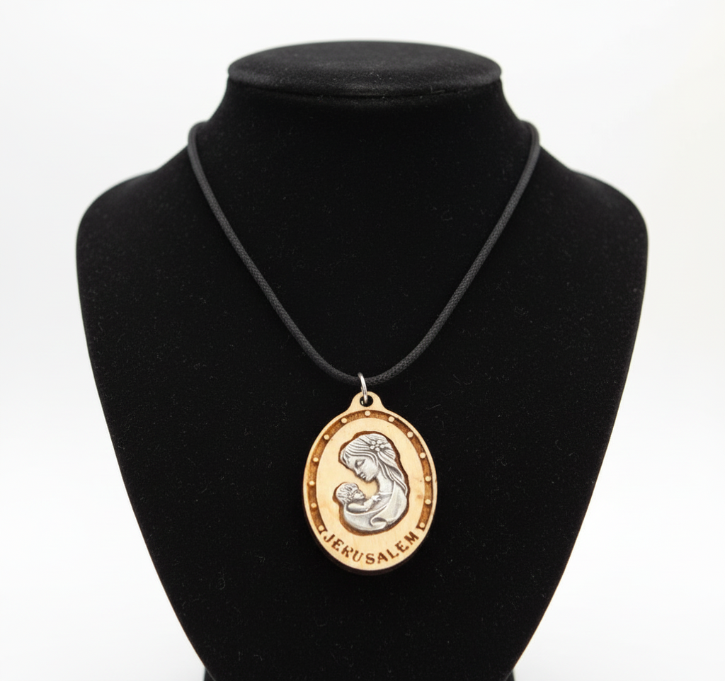 Silver Plated Virgin Mary with Baby Jesus on Olive Wood Base