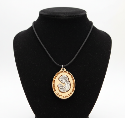 Silver Plated Virgin Mary with Baby Jesus on Olive Wood Base