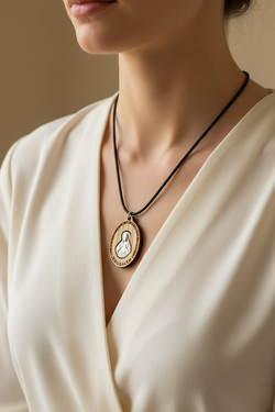Religious jewelry hand made in Bethlehem Holy Land, front view of the olive wood masterpiece