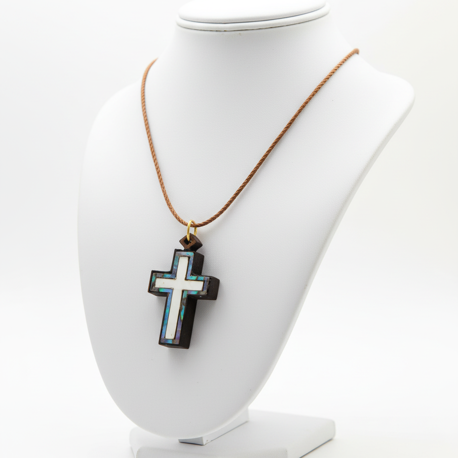 Olive Wood Cross Necklace with White, Blue-Green Mother of Pearl