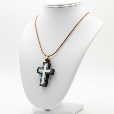 Olive Wood Cross Necklace with White, Blue-Green Mother of Pearl