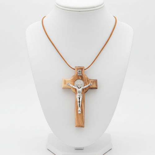 Olive wood crucifix hand carved in Bethlehem, front view of the olive wood masterpiece