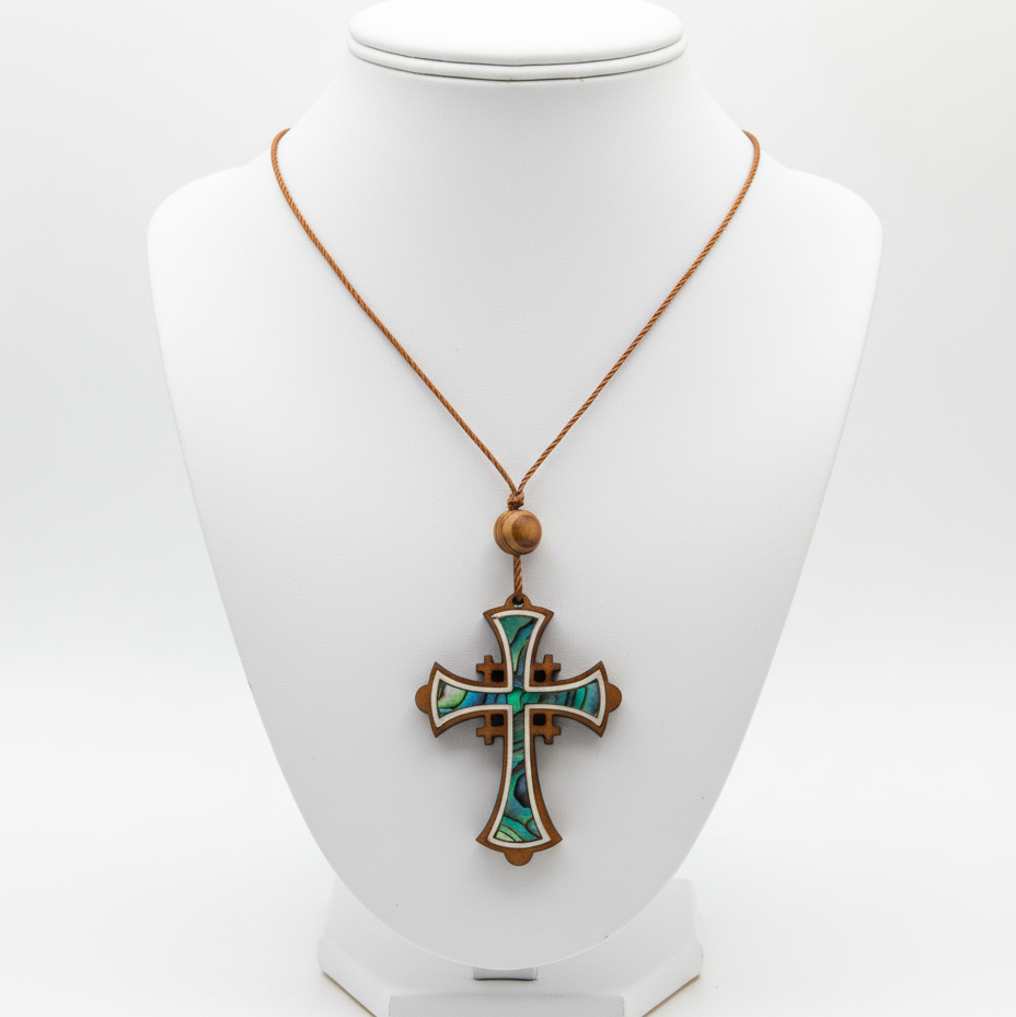 Jerusalem Cross Necklace with a Bead (Olive Wood and Colorful Abalone)