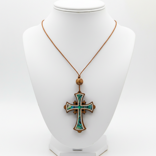 Religious jewelry hand made in Bethlehem Holy Land, front view of the olive wood masterpiece