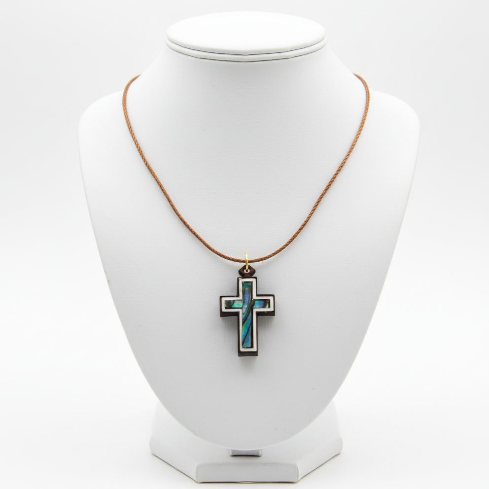 White, Blue-Green Mother of Pearl Cross Necklace on Olive Wood Base