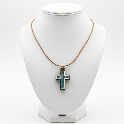 White, Blue-Green Mother of Pearl Cross Necklace on Olive Wood Base