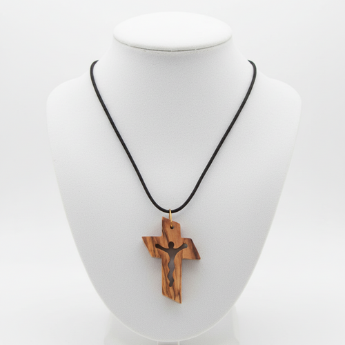 Religious jewelry hand made in Bethlehem Holy Land, front view of the olive wood masterpiece