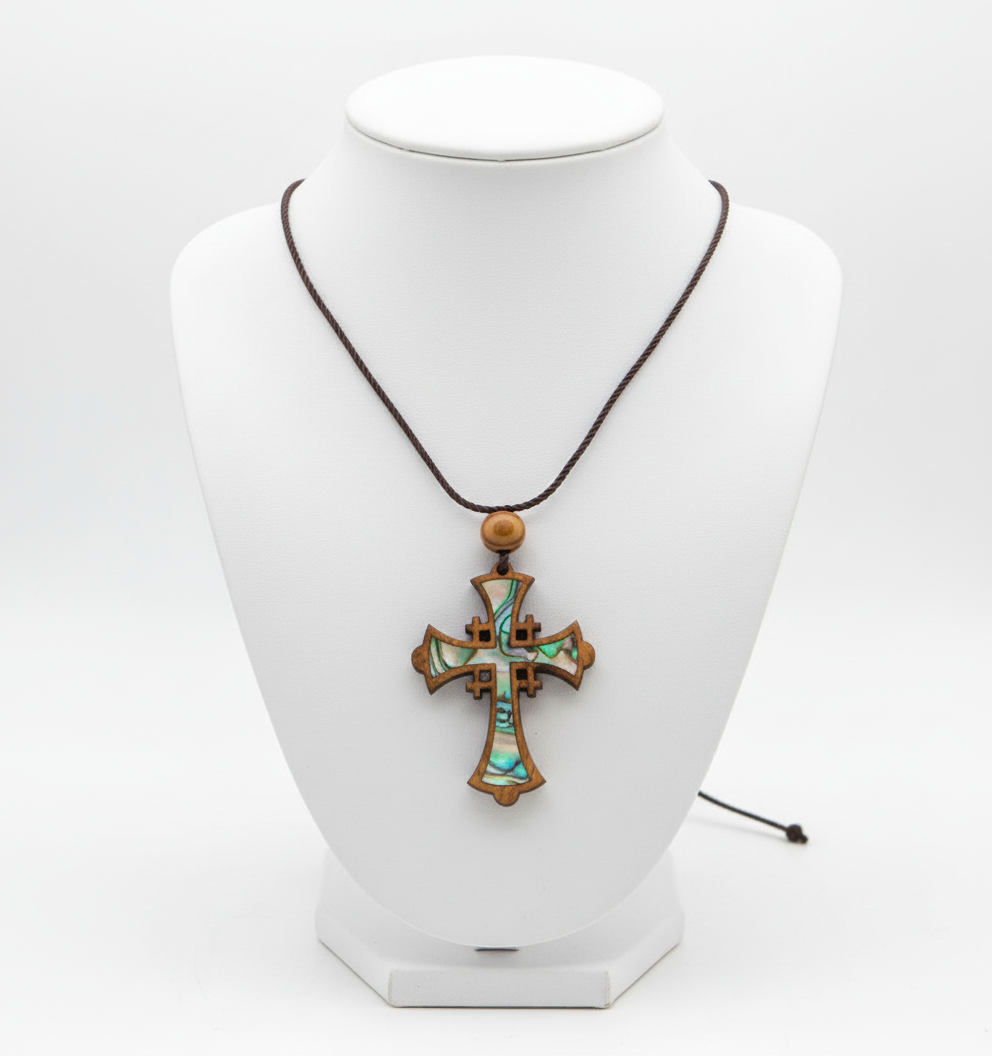 Mother of Pearl Jerusalem Cross Necklace with Bead