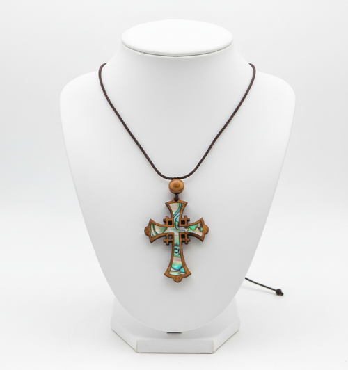 Jerusalem Cross mother of pearl religious gift from Bethlehem, front view of the olive wood masterpiece