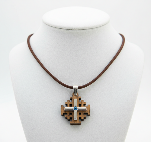 Religious jewelry hand made in Bethlehem Holy Land, front view of the olive wood masterpiece