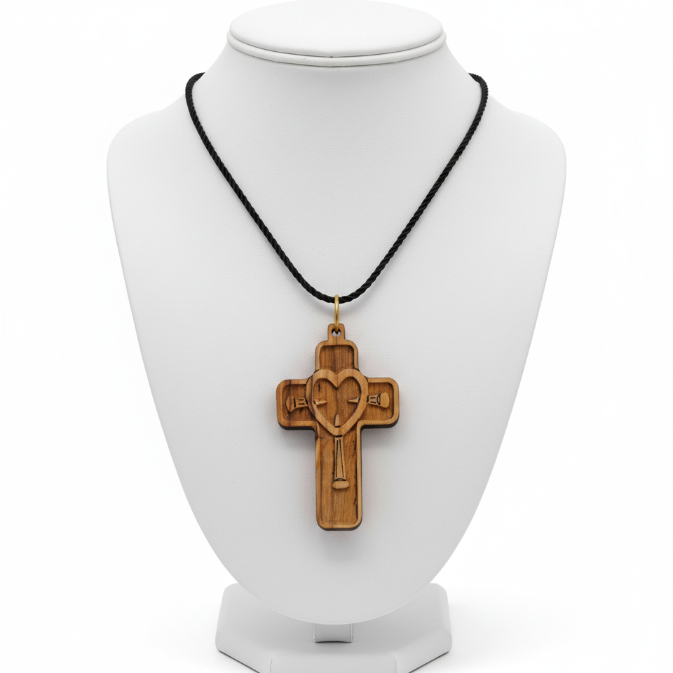 Religious jewelry hand made in Bethlehem Holy Land, front view of the olive wood masterpiece