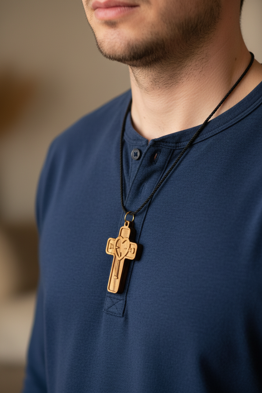 Olive Wood Cross Necklace (Heart and Nails)
