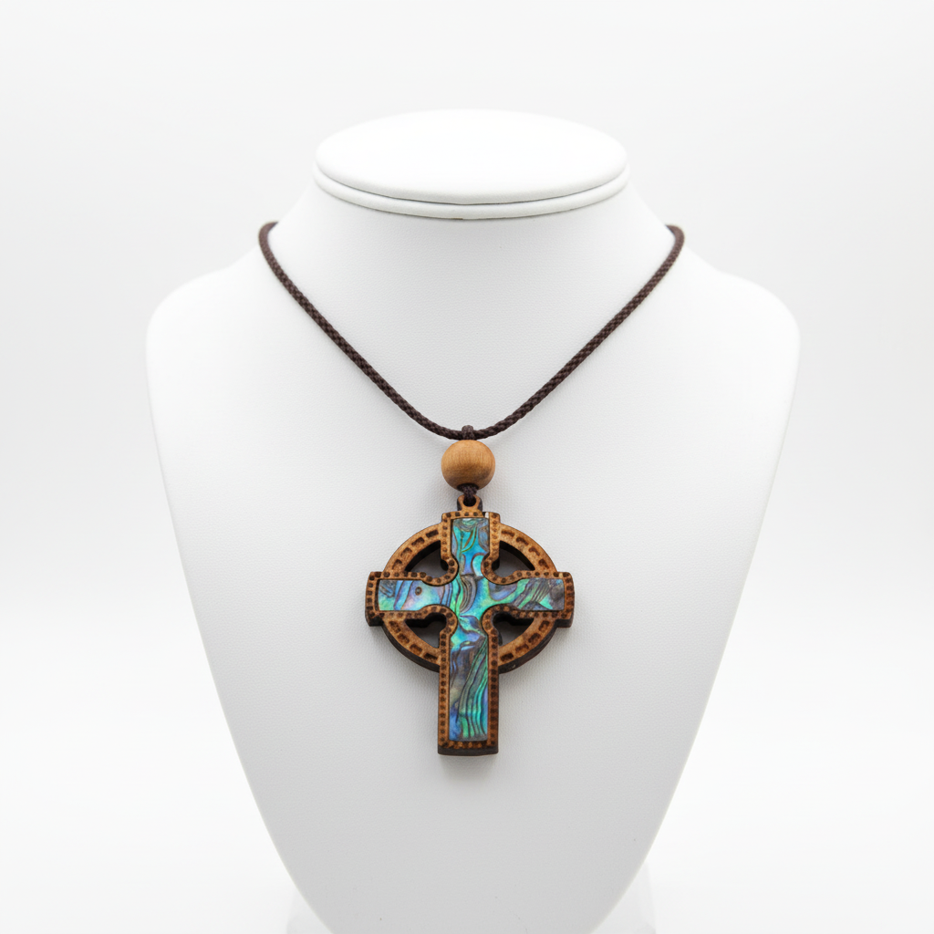 Celtic Cross Necklace with a Bead (Olive Wood and Colorful Mother of Pearl)