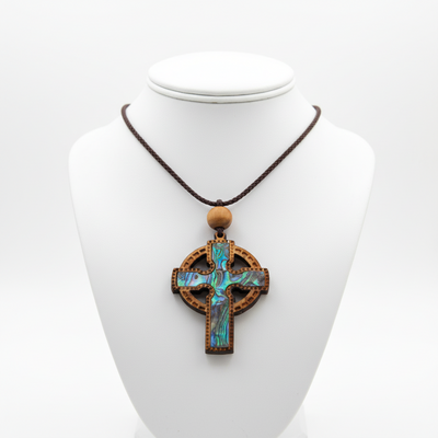 Celtic Cross Necklace with a Bead (Olive Wood and Colorful Mother of Pearl)