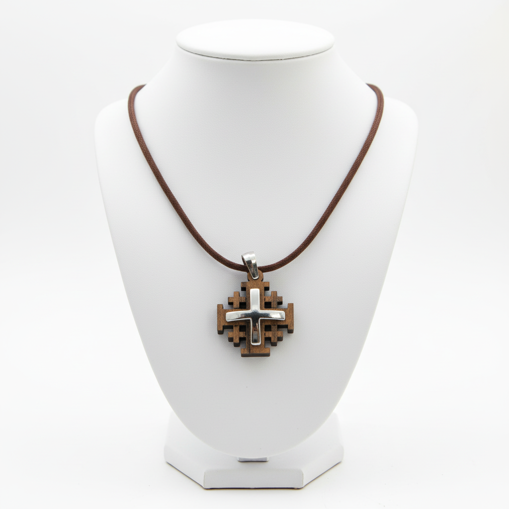 Jerusalem Cross Silver Plated Olive Wood Necklace
