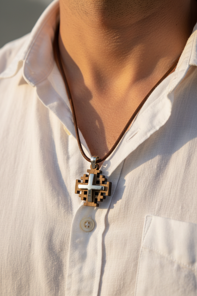 Jerusalem Cross Silver Plated Olive Wood Necklace