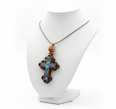 Budded Cross Necklace with a Bead (Olive Wood and Colorful Abalone)