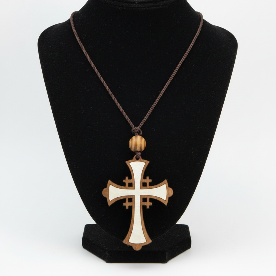 Olive Wood and White Mother of Pearl Cross Necklace