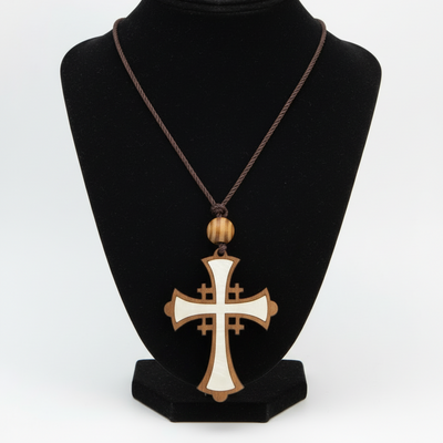 Olive Wood and White Mother of Pearl Cross Necklace